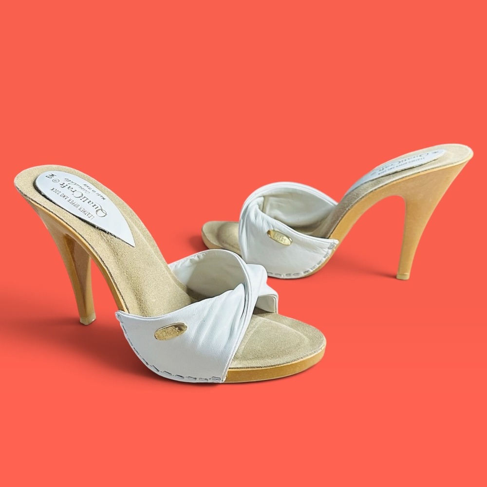 Vintage 70s QualiCraft 47234 White Leather Wooden Stiletto Mules 6M NIB